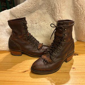 DD Tuff Brown Leather Packer Logger Roper Kiltie Boots Wms 8.5